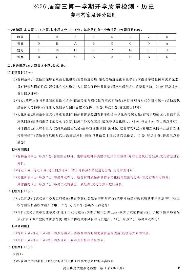 安徽省华师联盟2026届高三9月开学联考 历史评分细则第1页