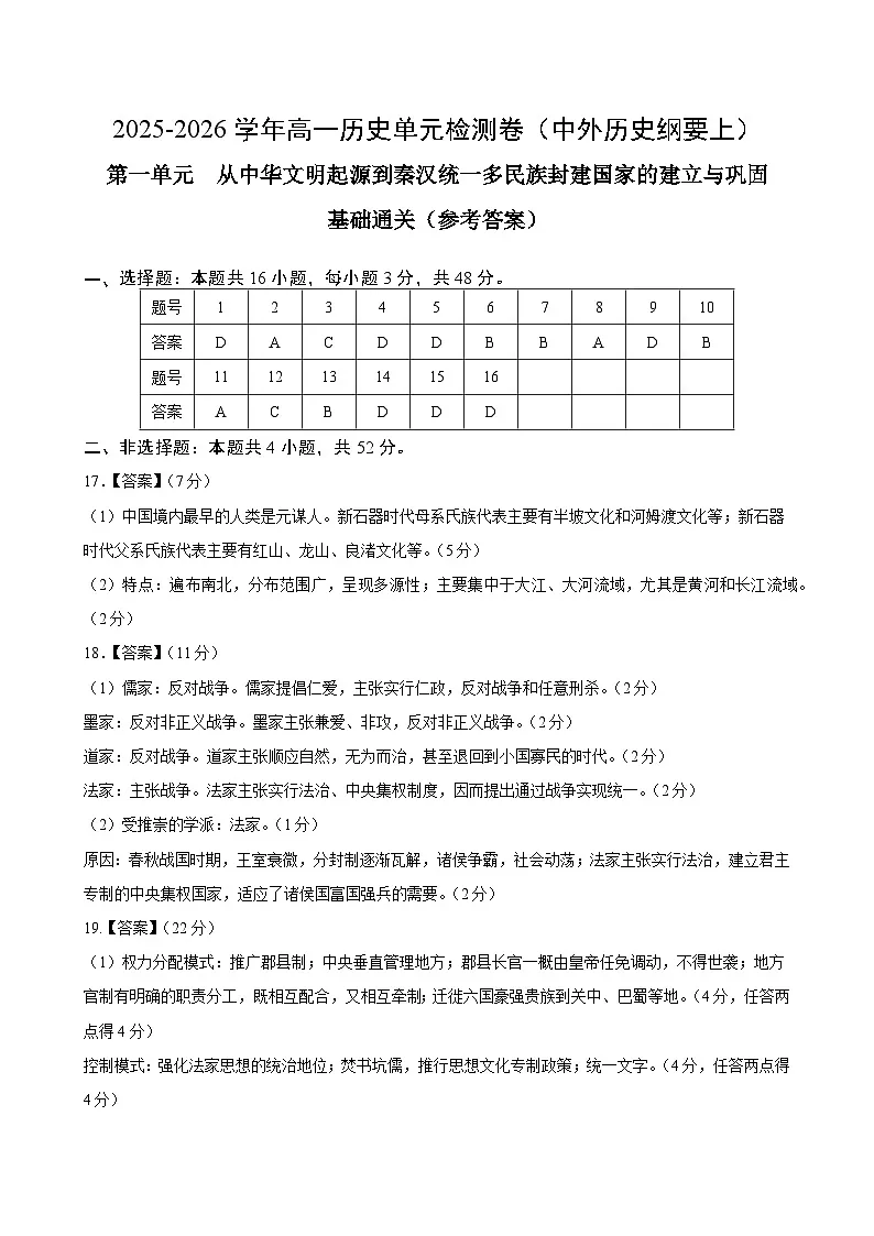 第一单元 从中华文明起源到秦汉统一多民族封建国家的建立与巩固（单元测试·基础卷）（参考答案）第1页