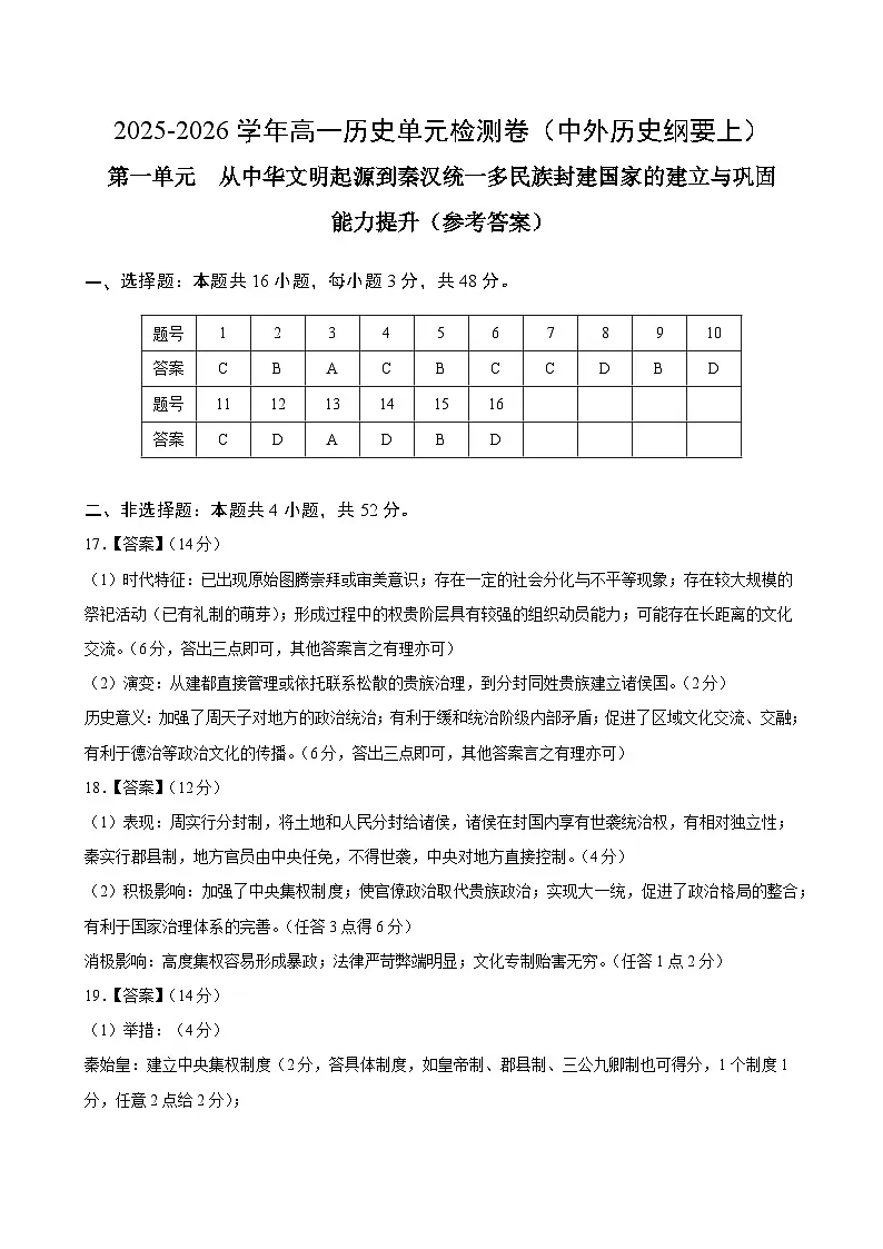 第一单元 从中华文明起源到秦汉统一多民族封建国家的建立与巩固（单元测试·提升卷）（参考答案）第1页