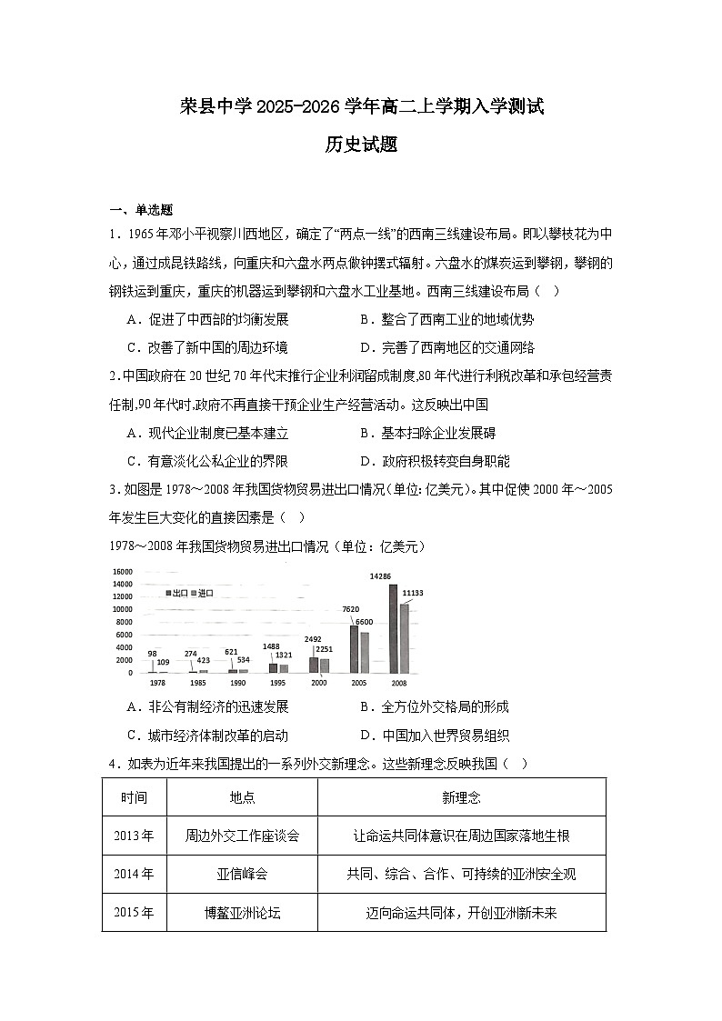 荣县中学2025-2026学年高二上学期入学测试历史试题第1页