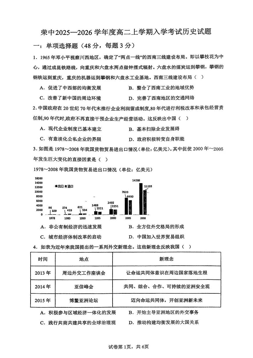 荣县中学2025-2026学年高二上学期入学测试历史试题第1页