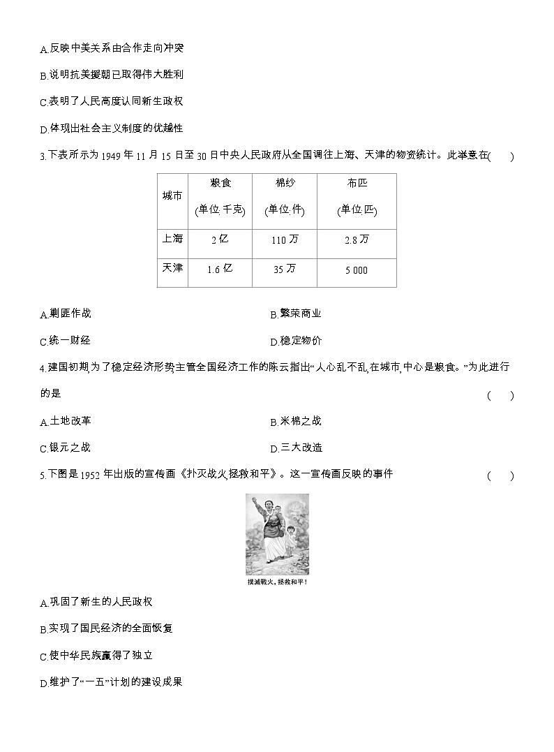 2025-2026高一历史（人教版）中外历史纲要（上）课时跟踪检测(二十五)中华人民共和国成立和向社会主义的过渡（Word版附解析）第2页