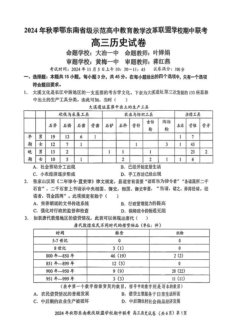 2025届湖北省鄂东南联盟高三下学期11月期中考-历史试题（含答案）第1页