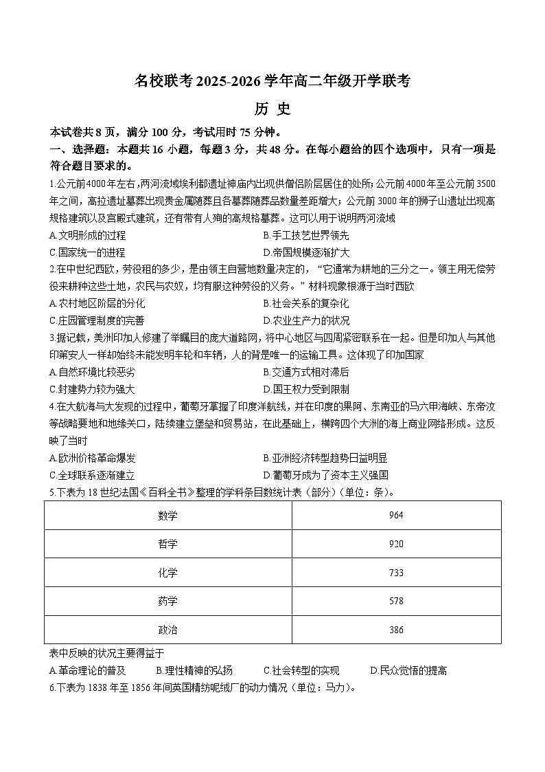 2026邢台名校高二上学期开学联考试题历史含解析第1页
