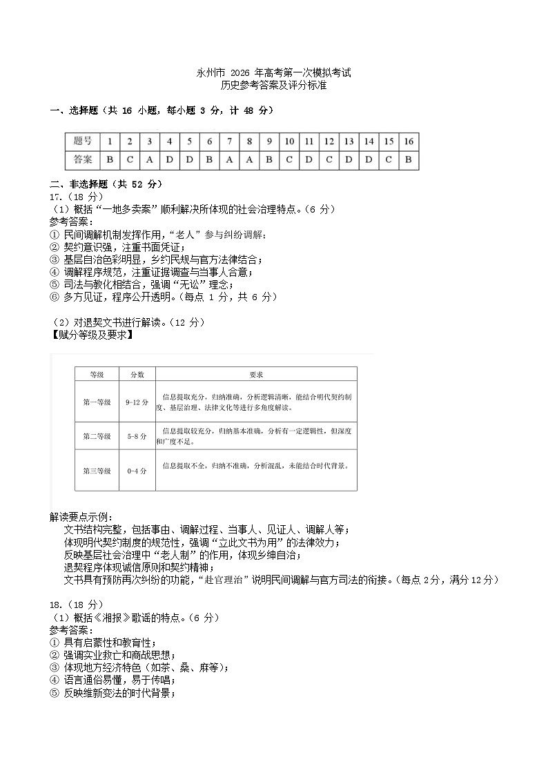 湖南省永州市2026届高三上学期第一次模拟考试历史答案第1页