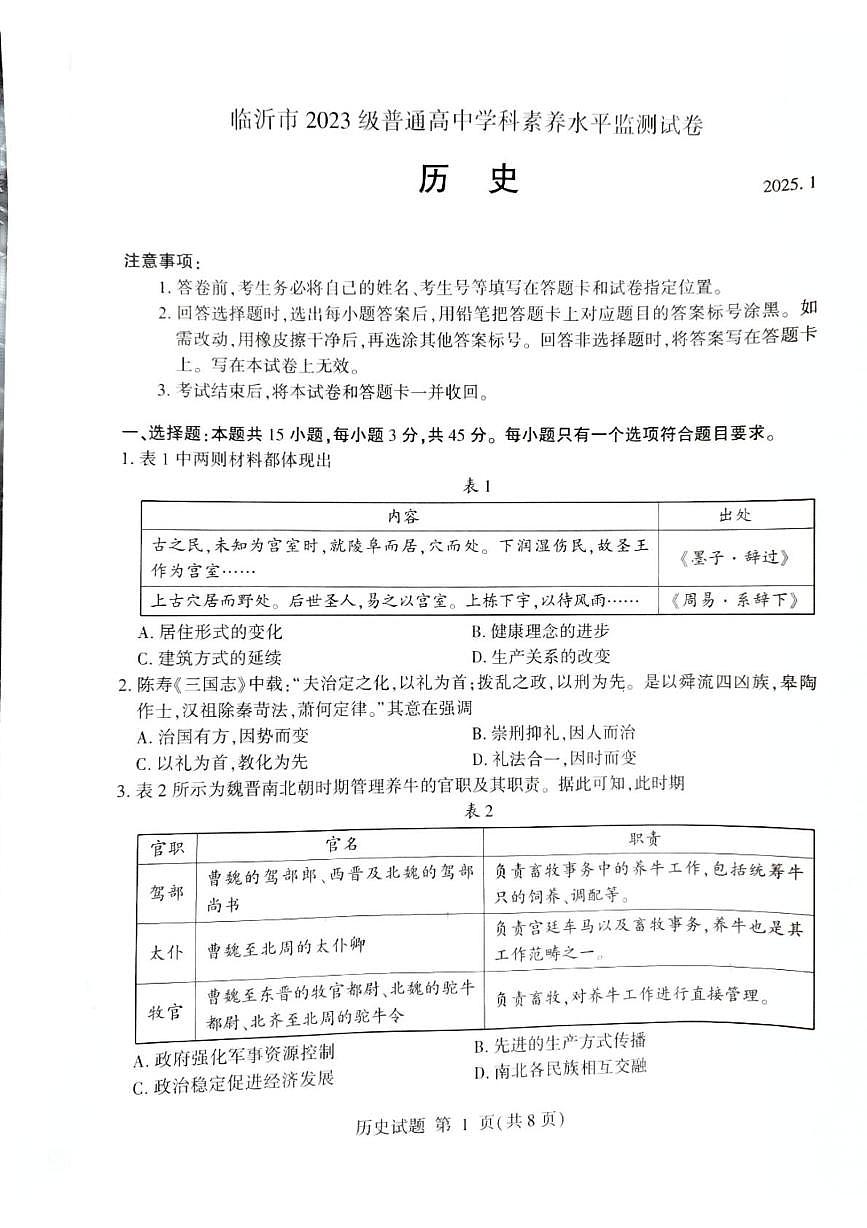 山东省临沂市2024-2025学年高二上学期1月期末考试历史试卷第1页