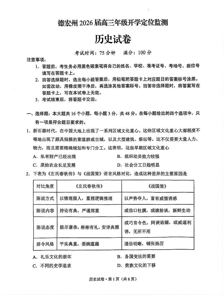 云南省德宏州2026届高三上学期开学定位监测历史试题（PDF版附答案）第1页