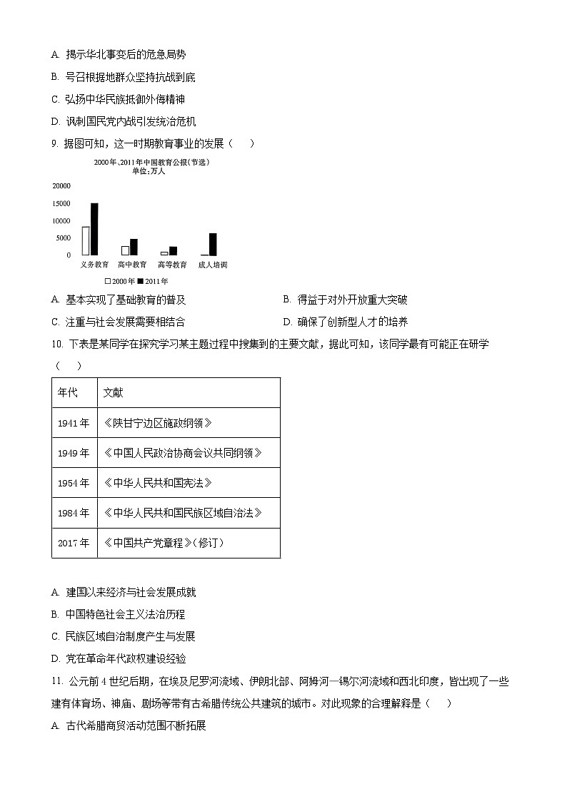 山西省长治市2025-2026学年高三上学期9月月考历史试卷第3页