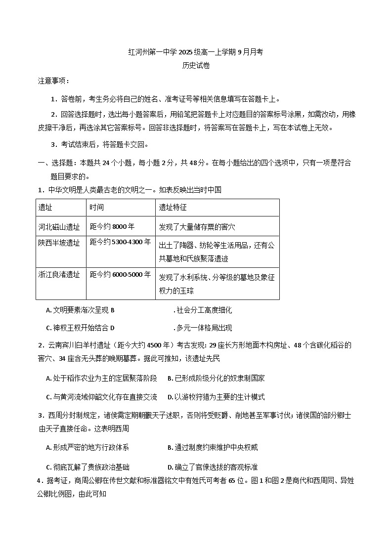 云南省红河哈尼族彝族自治州第一中学2025-2026学年高一上学期9月月考历史试题第1页