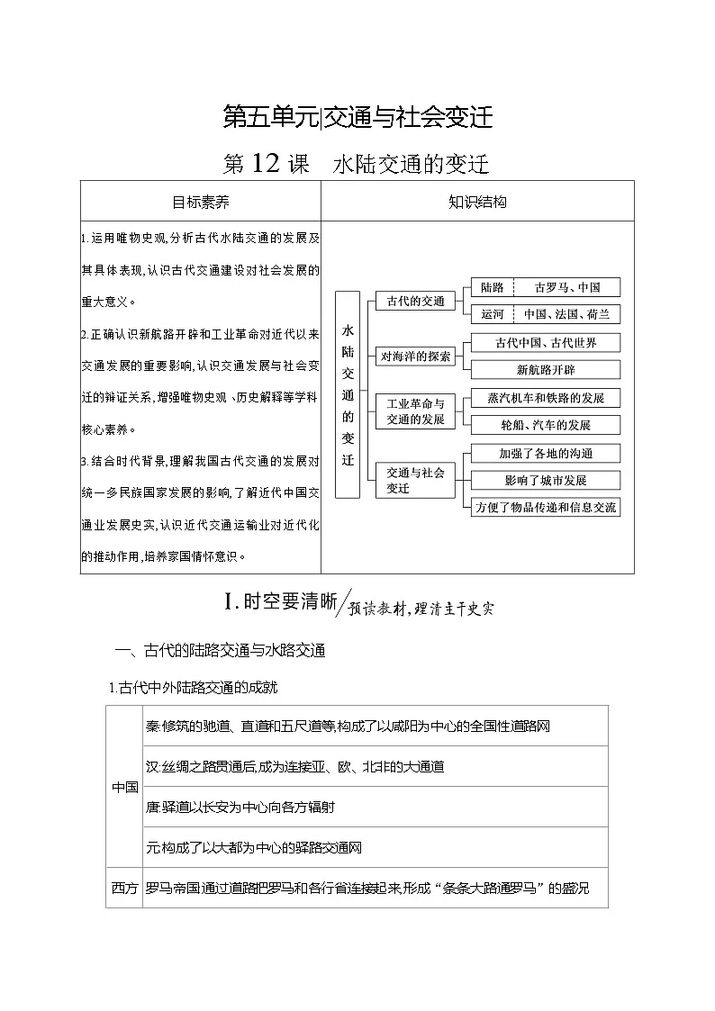 高二历史（统编版）选择性必修2导学案第12课水陆交通的变迁（Word版附解析）第1页