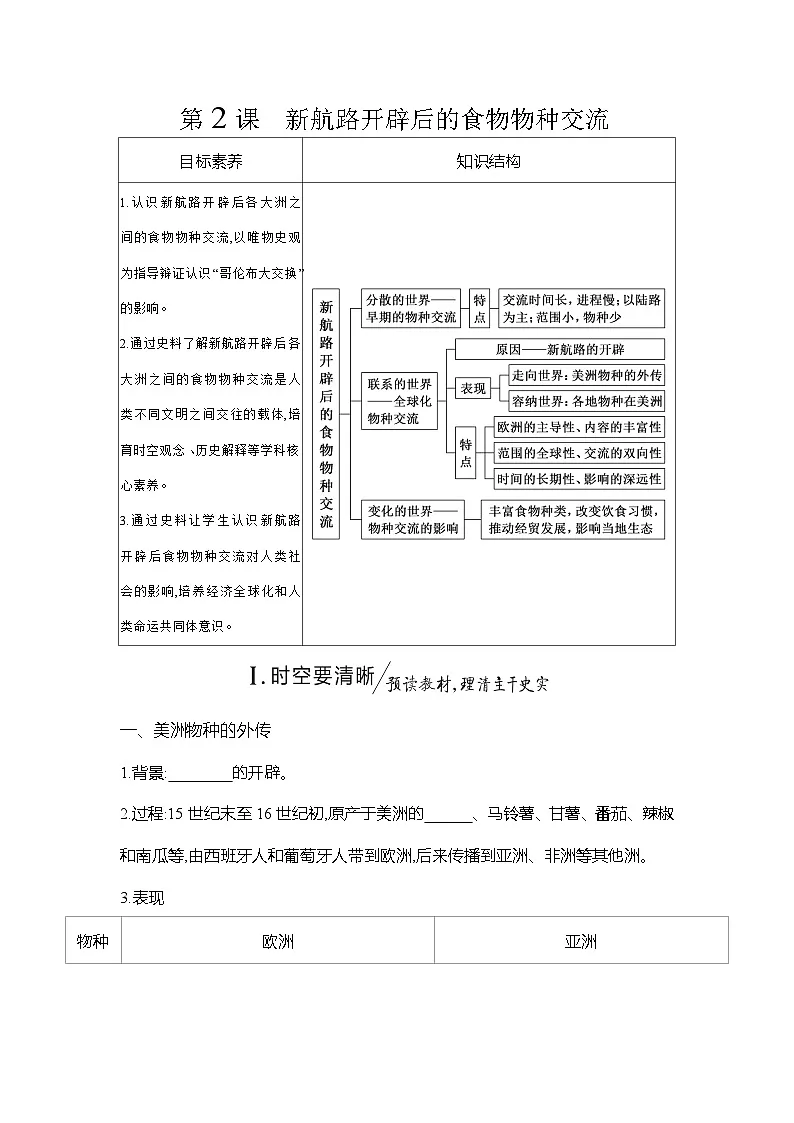 高二历史（统编版）选择性必修2导学案第2课新航路开辟后的食物物种交流（Word版附解析）第1页
