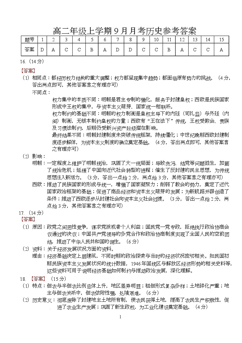 历史高二年级上学期9月月考历史参考答案第1页