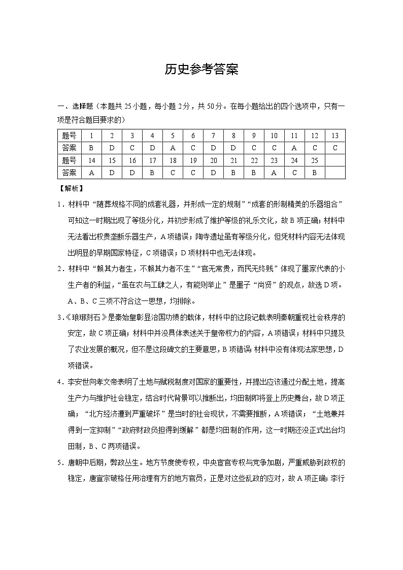 巴蜀中学2026届高考适应性月考卷（二）历史-答案第1页