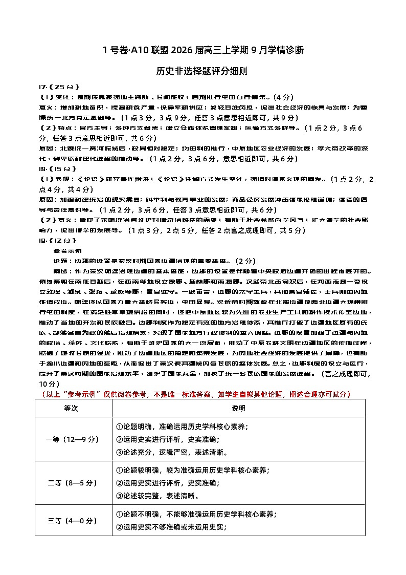 【1号卷·A10联盟2026届高三上学期9月学情诊断历史非选择题评分细则】第1页
