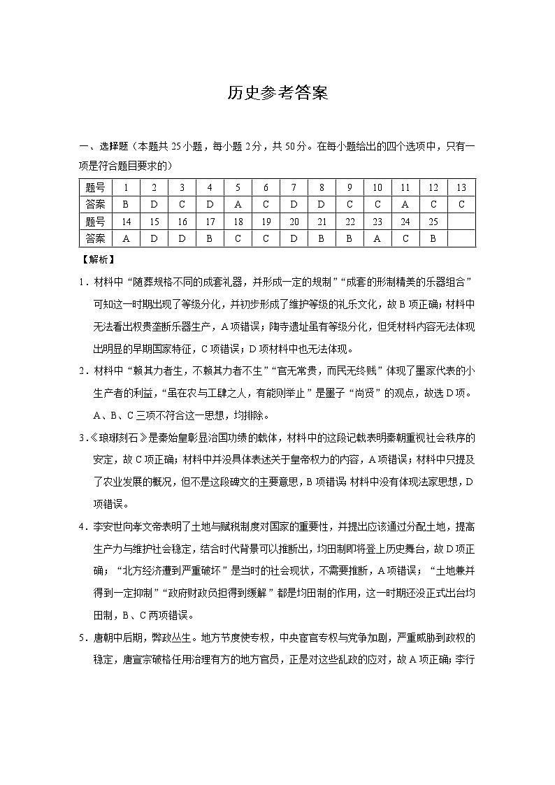 重庆市巴蜀中学2026届高考适应性月考卷（二）历史答案第1页