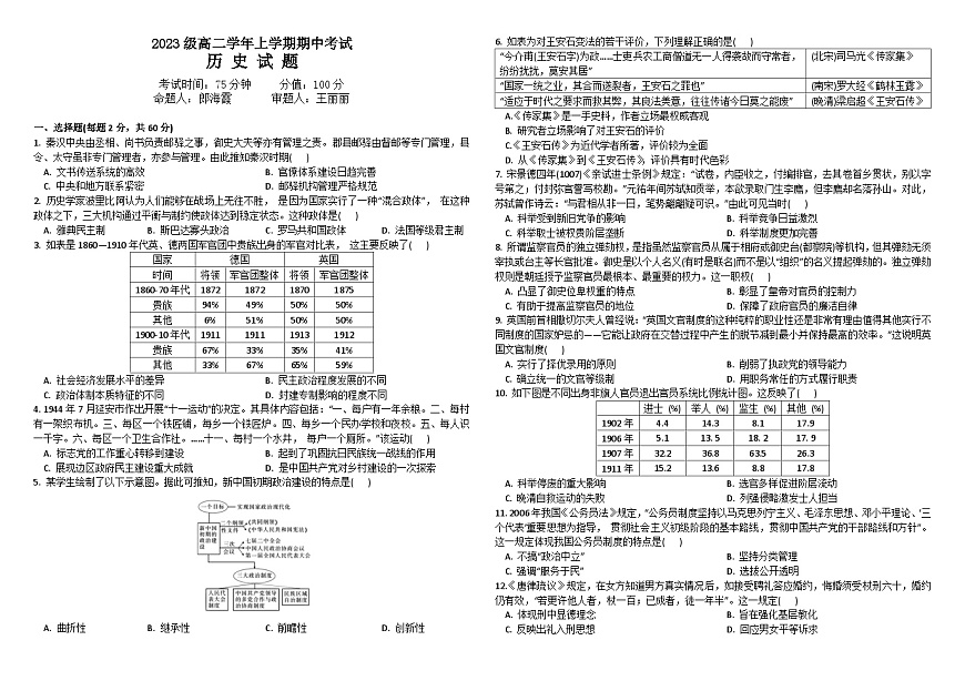 黑龙江省牡丹江市第一高级中学2024-2025学年高二上学期期中考试历史试题第1页