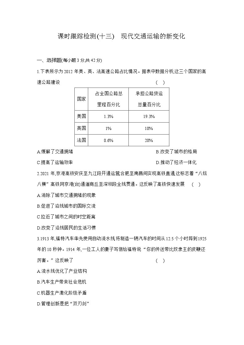高二历史（统编版）试题选择性必修2课时跟踪检测（十三）现代交通运输的新变化（Word版附解析）第1页