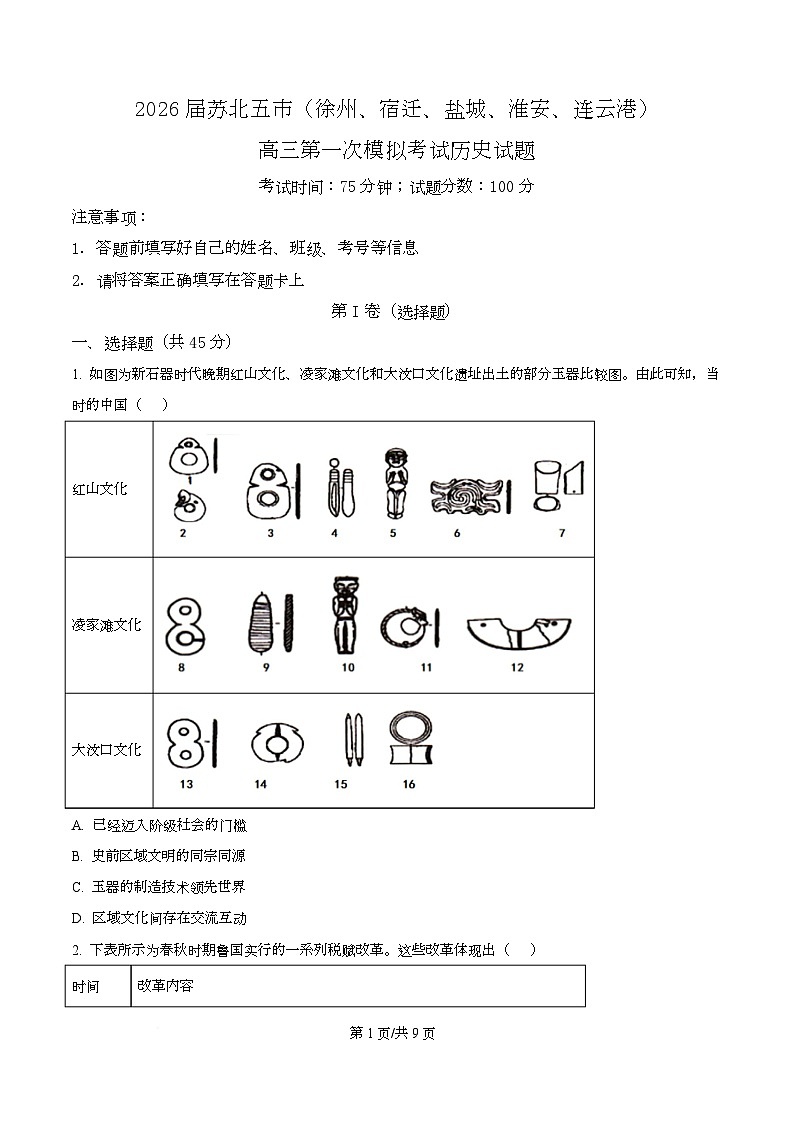 精品解析：江苏省苏北五市（徐州、宿迁、盐城、淮安、连云港）2025-2026学年高三上学期第一次模拟考试历史试题（原卷版）第1页