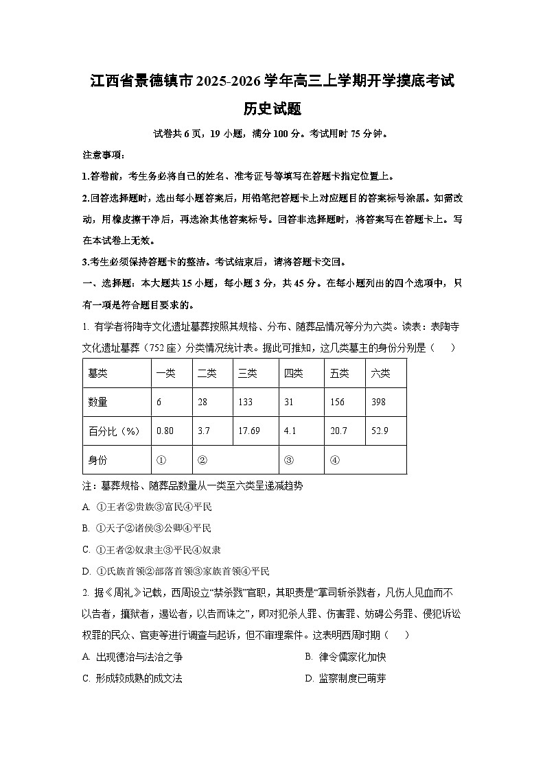 江西省景德镇市2025-2026学年高三上学期开学摸底考试历史试卷（学生版）第1页