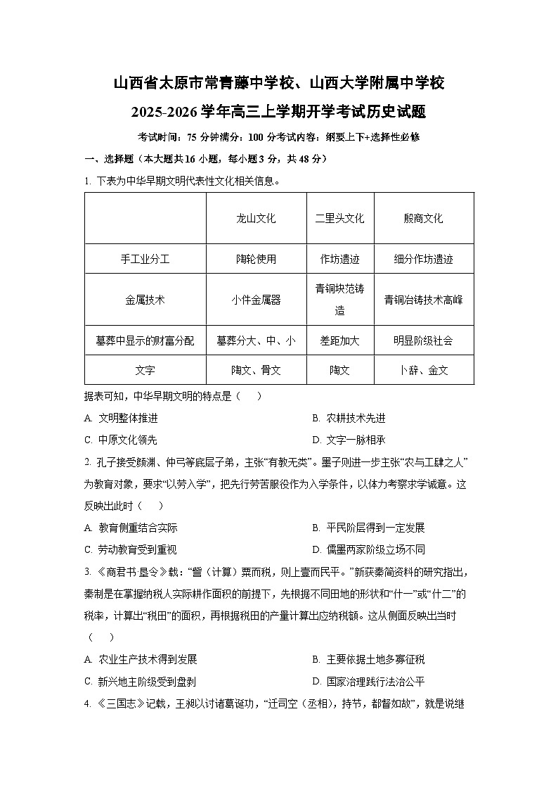 山西省太原市常青藤中学校、山西大学附属中学校2025-2026学年高三上学期开学考试历史试卷（学生版）第1页