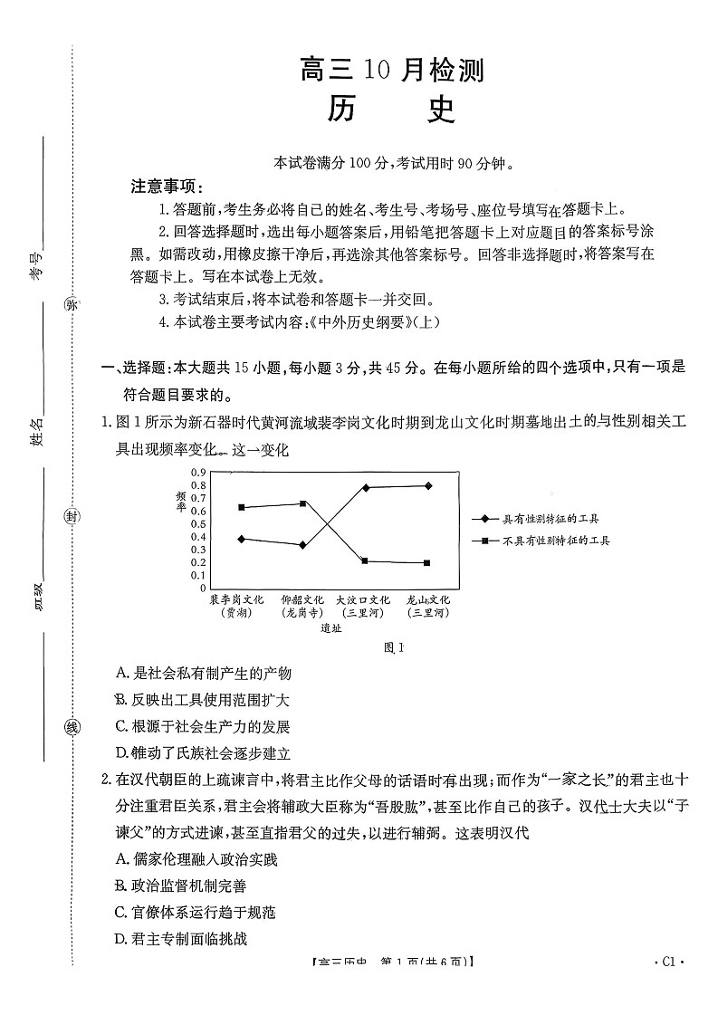 山东省百校大联考2025-2026学年高三上学期10月月考历史试卷第1页