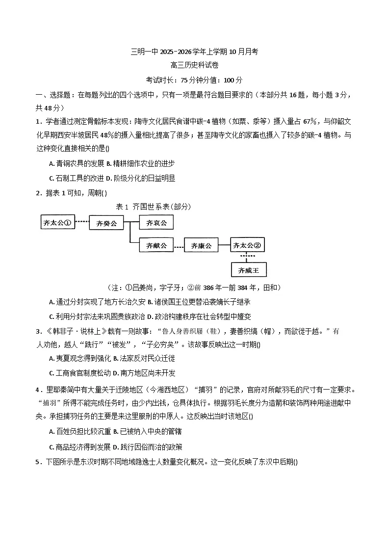 福建省三明第一中学2025-2026学年高三上学期10月月考历史试题（含答案）第1页
