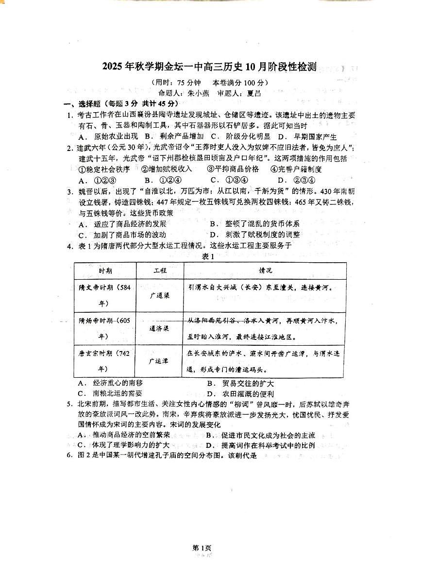 江苏省常州市金坛区第一中学2025-2026学年高三上学期10月月考历史试题第1页