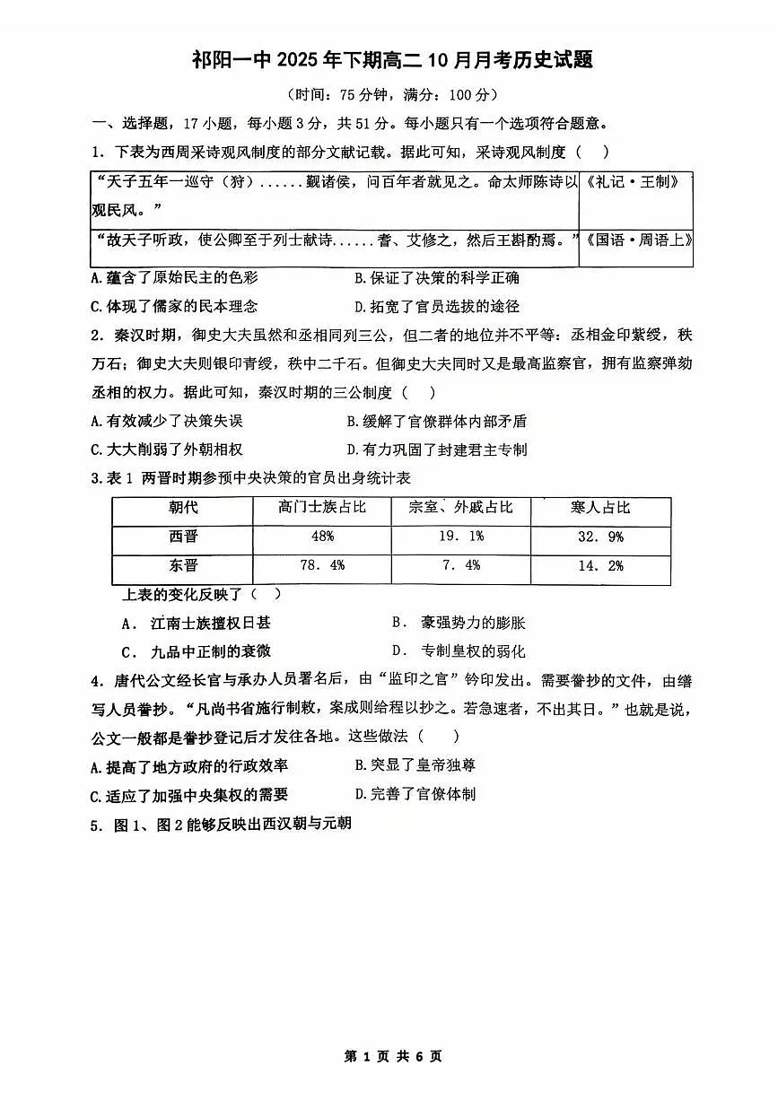 湖南省祁阳市第一中学2025-2026学年高二上学期10月月考历史试题第1页
