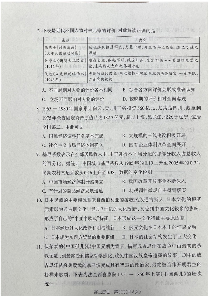 山西省吕梁市2025届高三上学期1月期末调研考试-历史试卷（含答案）第3页