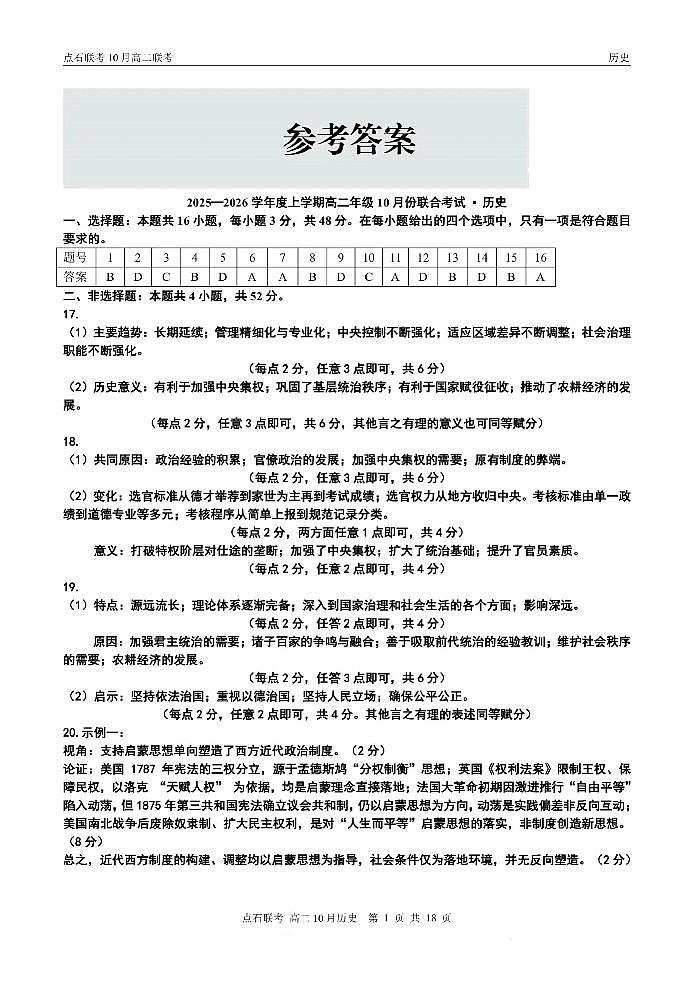 辽宁省点石联考2025-2026学年上学期高二年级10月份联合考试 历史答案第1页