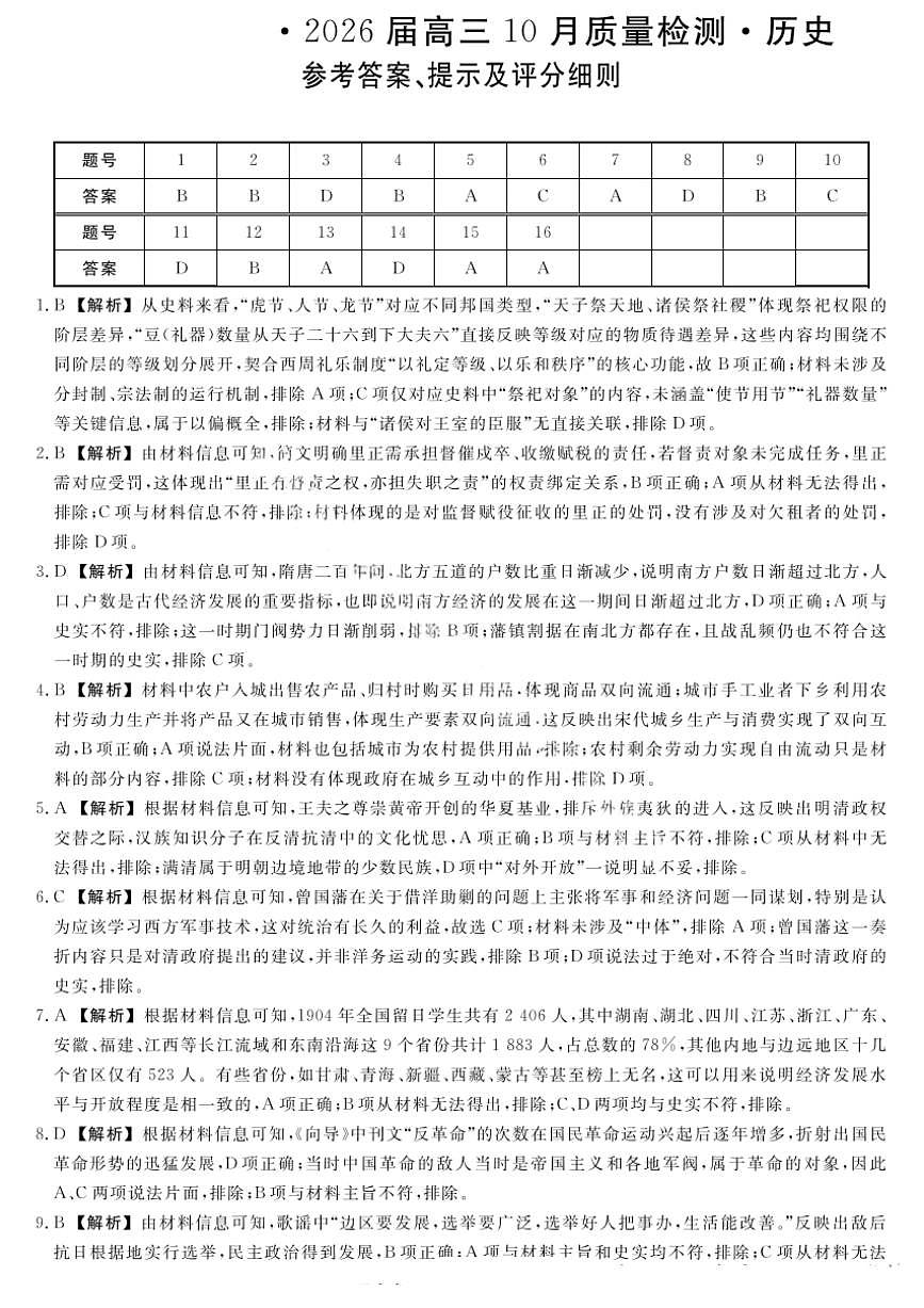 金科大联考·河北省2026届高三10月质量检测+历史答案第1页