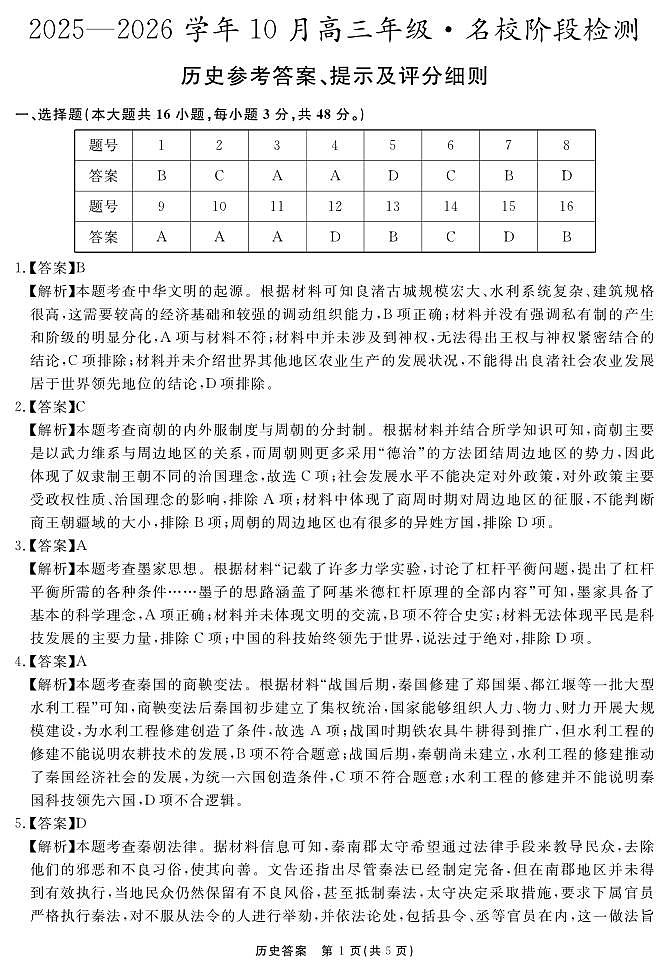 安徽省2025-2026学年度“耀正优”高三年级10月阶段检测历史答案第1页
