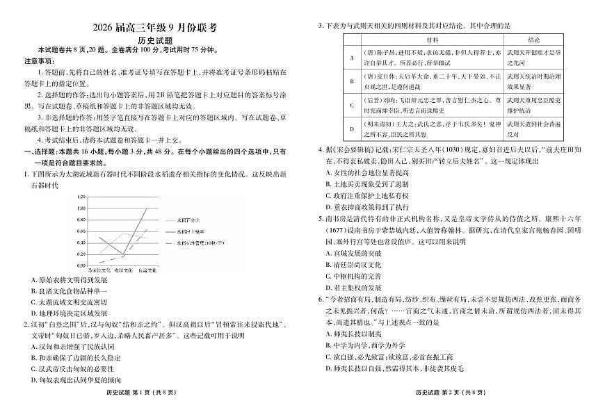 高三历史正文（2026届高三年级9月份联考）第1页