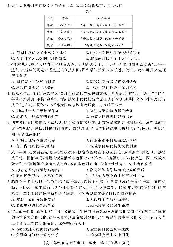 江西联考—历史（含答案及评分细则） 江西联考-历史试题第2页