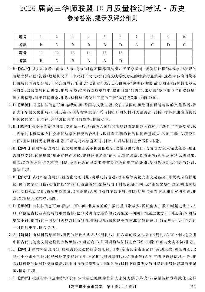 2026届高三华师联盟10月质量检测考试+历史答案第1页