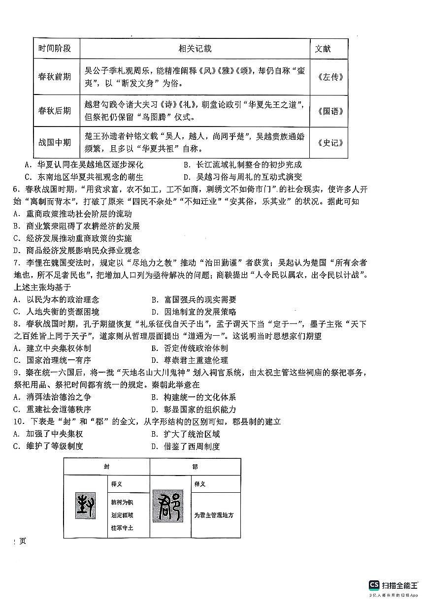 +安徽省桐城中学2025-2026学年高一上学期10月月考历史试题（无答案）第2页