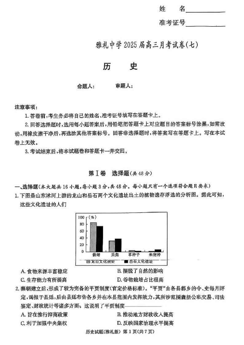 湖南省长沙市雅礼中学2025届高三下学期3月考试卷（七）-历史试卷（含答案）第1页