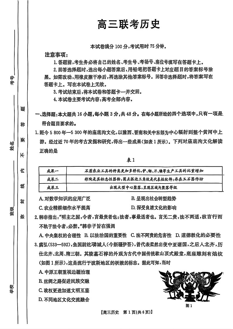 金太阳2025届贵州省高三下学期3月联考-历史试题（学生版）第1页