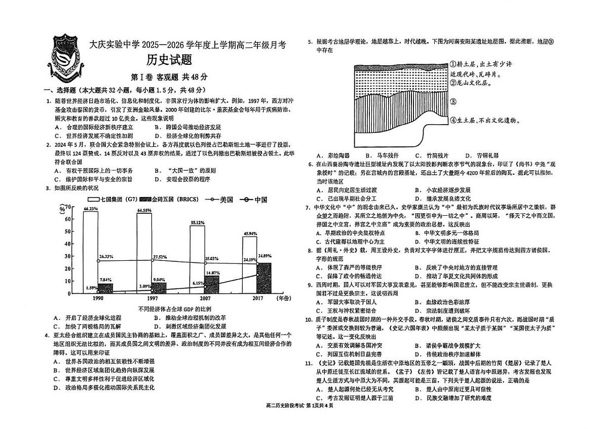 黑龙江省大庆实验中学2025-2026学年高二上学期10月月考历史试题第1页