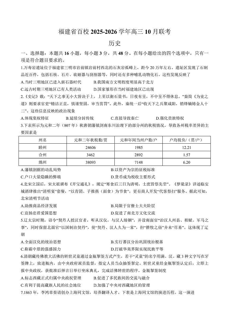【历史试卷】福建百校联考2026届高三10月联合测评第1页