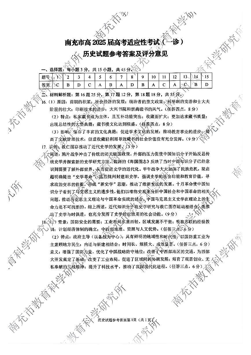四川省南充市2025届高三高考适应性考试（一诊）历史答案第1页