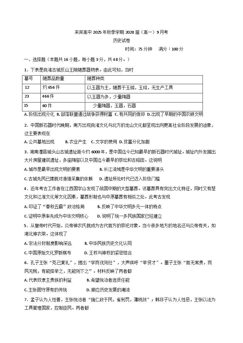 广西壮族自治区来宾高级中学2025-2026学年高一上学期9月月考历史试题（含答案）第1页