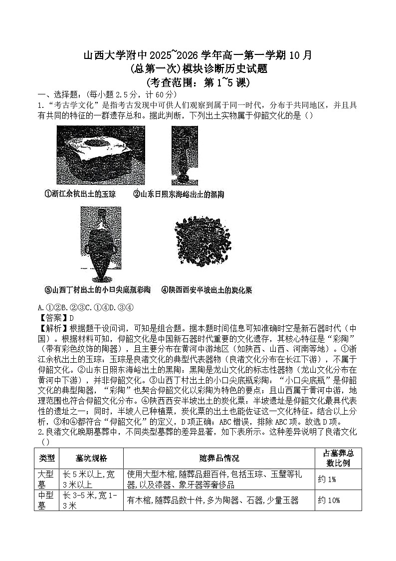 2025-2026学年度山西省太原市山西大学附属中学校高一上学期10月月考历史试题（解析版）第1页