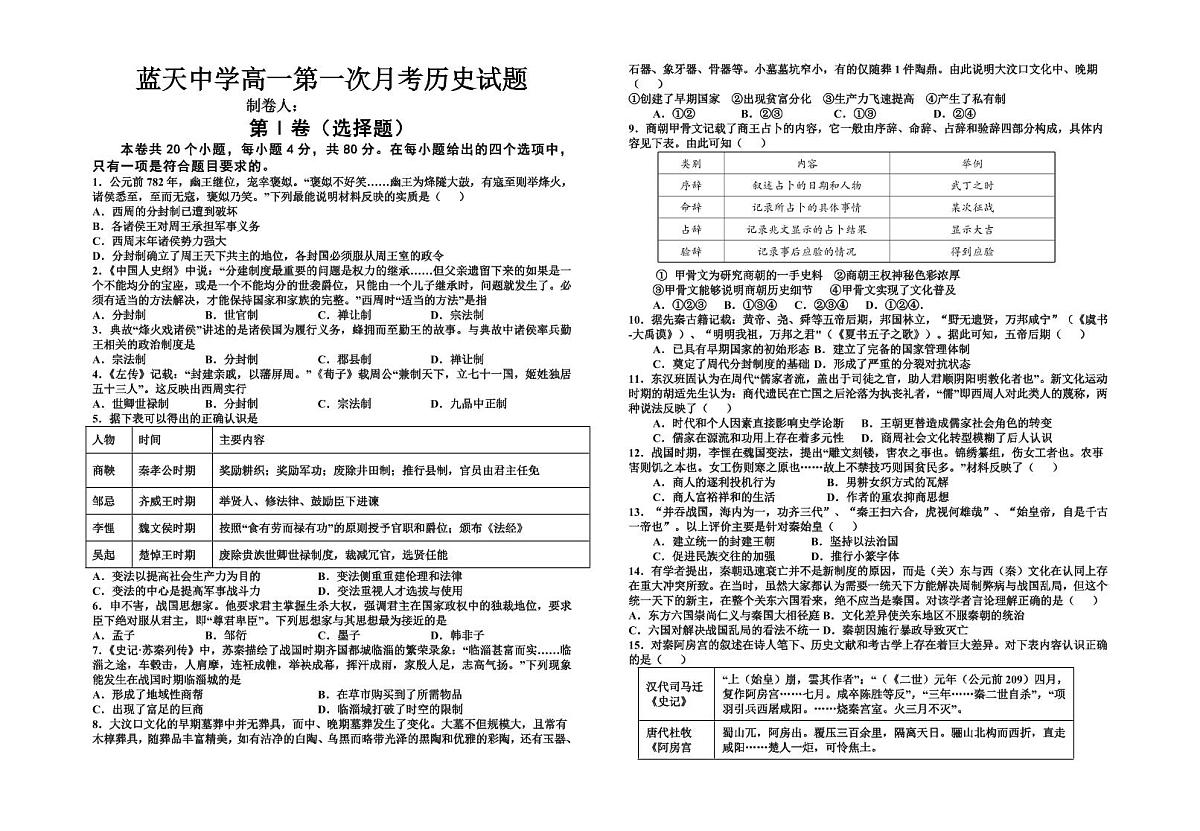 江西省上饶市余干县私立蓝天中学2025-2026学年高二上学期第一次月考历史试卷第1页