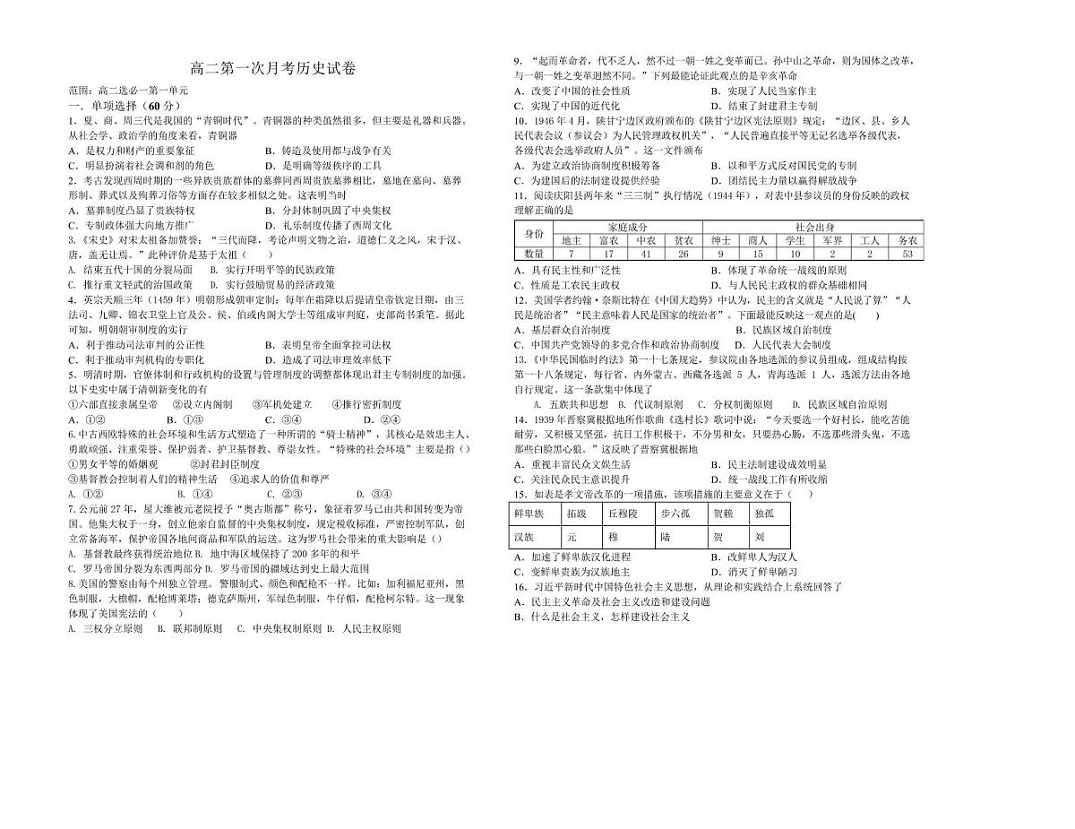 江西省上饶市余干县私立蓝天中学教育集团2025-2026学年高二上学期第一次月考历史试题第1页