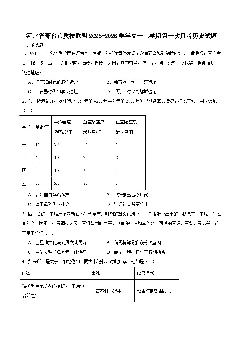 河北省邢台市2025-2026学年高一上学期第一次月考历史试卷（含答案）第1页