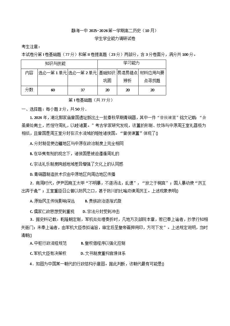 天津市静海区第一中学2025-2026学年高二上学期10月月考历史试题（含答案）第1页