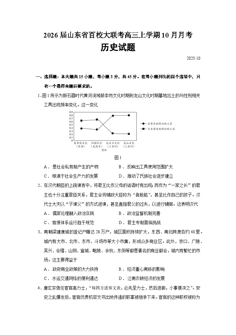 2026届山东省百校大联考高三上学期10月月考历史试题（含答案）第1页