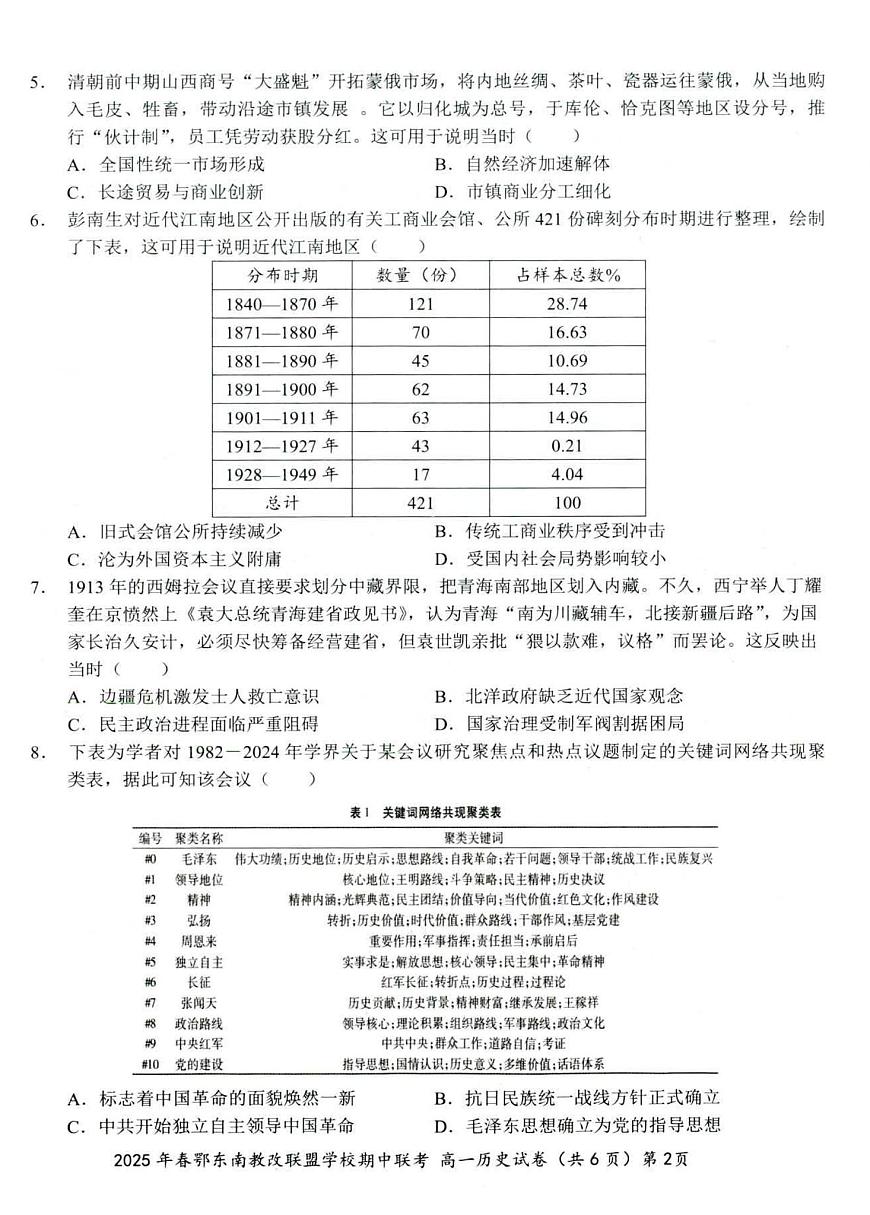 湖北省鄂东南省级示范高中教育教学改革联盟学校2024-2025学年高一下学期期中联考历史试卷第2页
