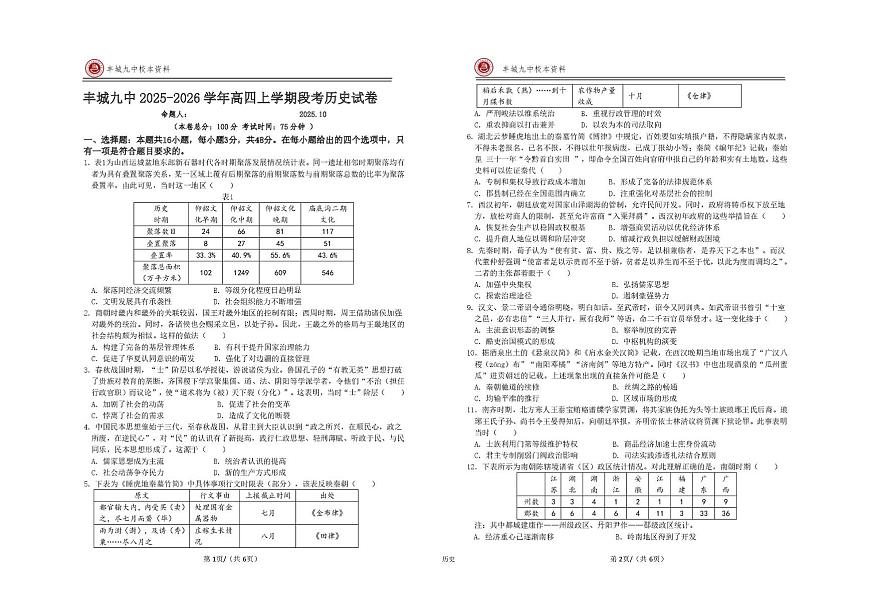江西省丰城市第九中学2025-2026学年高三（复读班）上学期第一次段考历史试题（月考）第1页